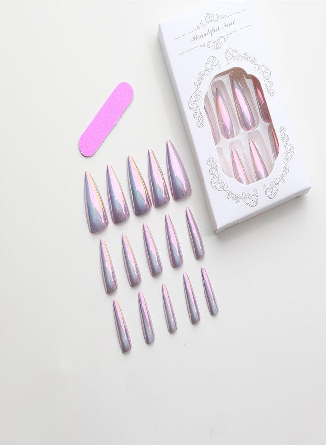 SINHOT Stiletto Press on Nails - Long Fake Nails, Glossy Finish, Blue Cat Eye & Chrome, DIY Artificial False Nail Art - 24 Pcs Nail Kit with Glue - Image 5